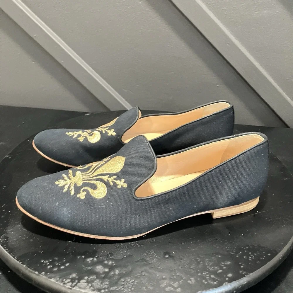 Botticelli Womens Sz US 9 EU 39 Navy Gold Fleur de Lis Leather Smoking Loafers